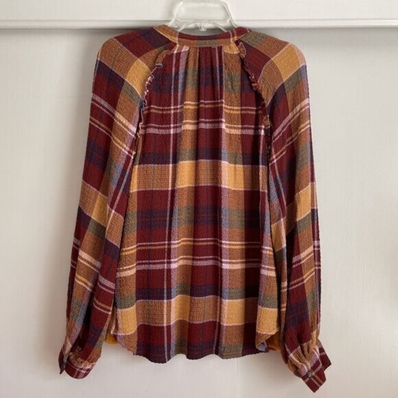 Pilcro Anthropologie Relaxed Plaid Button Down Shirt Size M Red Yellow Fall Boho - Picture 5 of 14